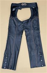 HARLEY DAVIDSON BLACK PERFORATED LEATHER CHAPS WITH ORANGE PIPING